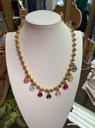 Gold Beaded Necklace W/ Multi Color Charms