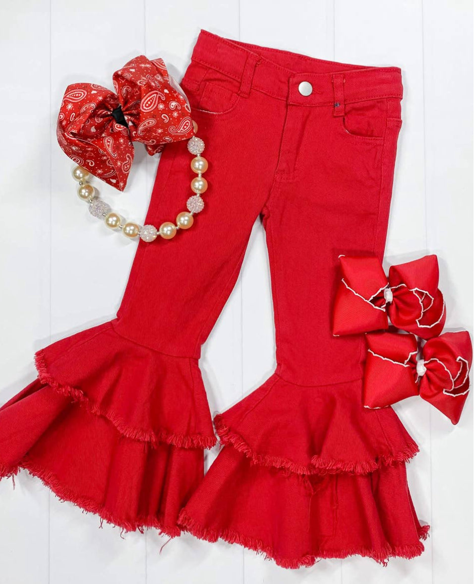 Girls Red Frayed Double Bell Bottom Jeans