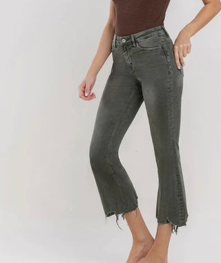 Vervet High Rise Distressed Hem Crop Flare Deep Forest