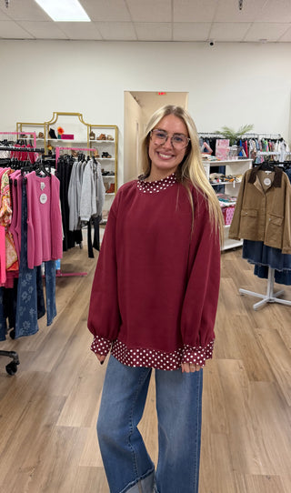 Burgundy Polka Dot Mock Neck Sweatshirt