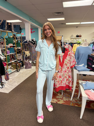 Blue/Pink Ribbed Knit PJ Set
