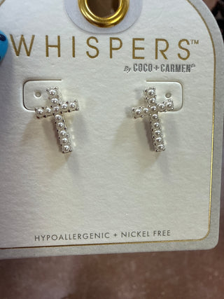 Silver Whispers Small Cross W/ Pearls Studs
