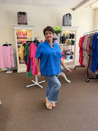 Double Fringe Hem Button Front Blue Top