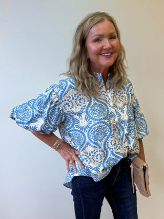 Blue Damask Print Balloon Sleeve Top