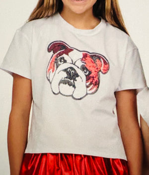 Girls Sequin Bulldog Tee in Red