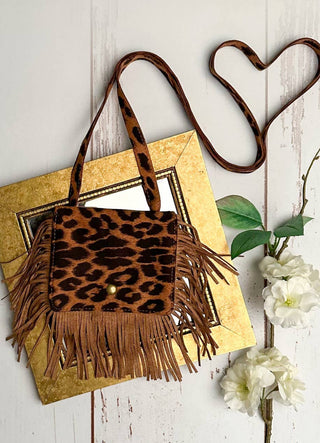 Girls Brown Leopard Boho Fringe Crossbody Flap Purse