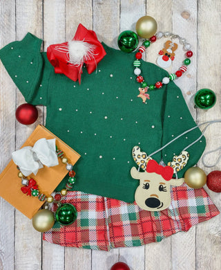 Children's Green Pearl Sweater & Plaid Skirt Set