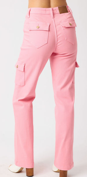 Judy Blue Pink HW Cargo Straight Jeans