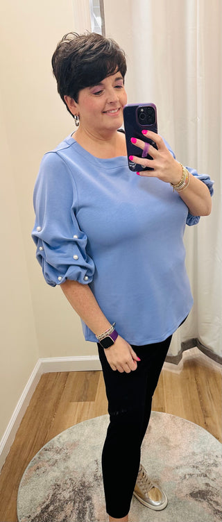 Zila Blue Round Neck Pearl Detail Top