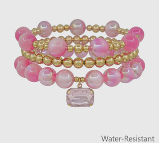 Pink Beaded and Gold Set of 3 with Square Crystal Charm Stretch Bracelets