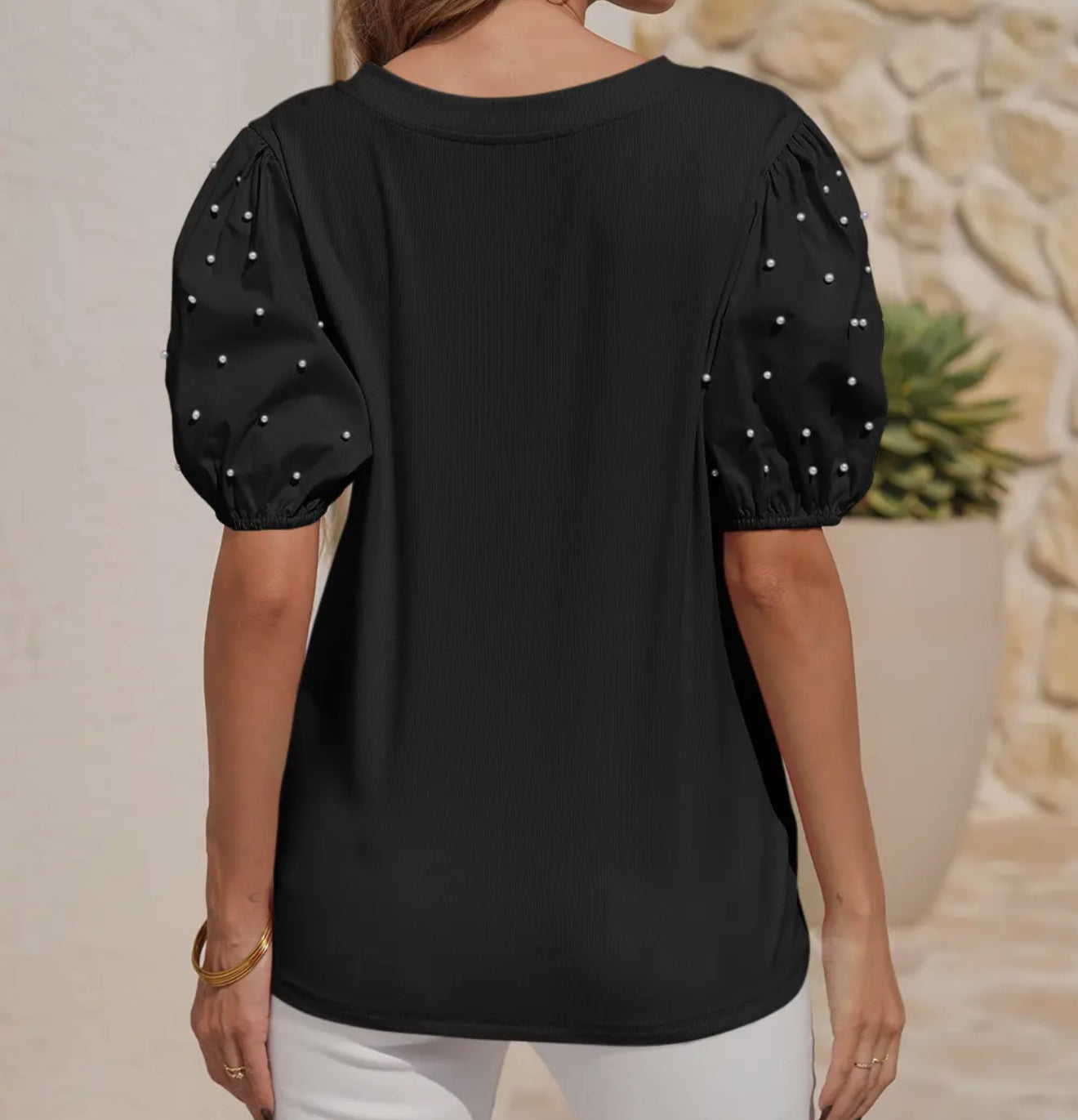 All the Love Pearl Beaded Puff Top - Black