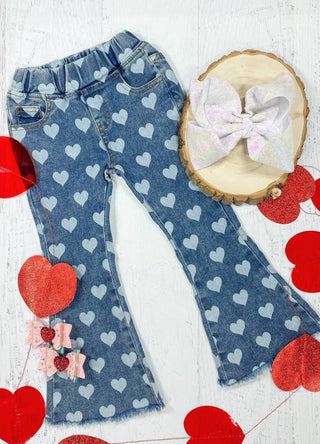 Girls Heart Print Bell Bottom Jeans