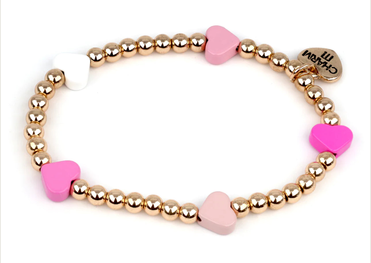 Charm It! Gold Bead Pink Heart Stretch Bracelet
