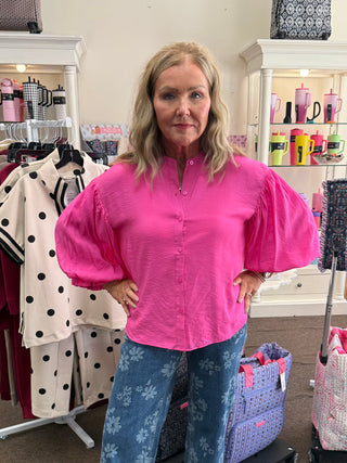 Pink Puff Sleeve Button Down Shirt