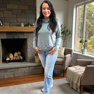 Two Tone Grey Hacci Cowl Neck Pullover