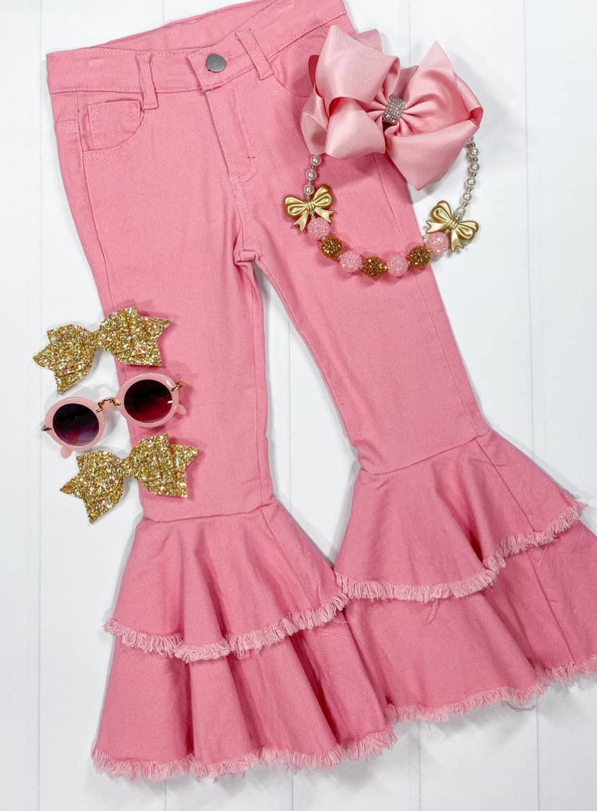 Girls Pink Frayed Double Bell Bottom Jeans