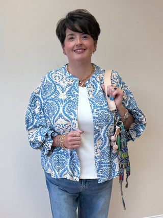 Blue Damask Print Balloon Sleeve Top