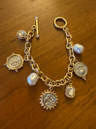 Gold Chain Bracelet With Coin And Pearl Charms