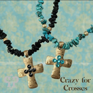 Austrian Crystal Cross Pendant On Chip Bead Necklace