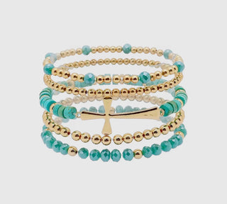 Set of 5 Gold, Turquoise Crystal, and Gold Cross Stretch Bracelet Set