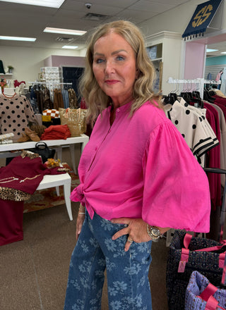 Pink Puff Sleeve Button Down Shirt