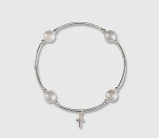 Charmed White Pearl & Cross 8MM Silver Blessing Bracelet