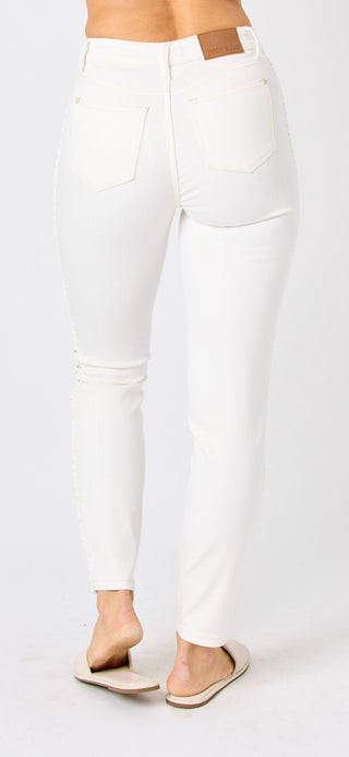 Judy BLue MR Braided Detail White Jeans