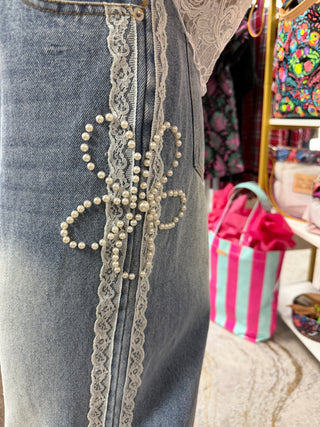 Pearl & Lace Trim Wide Leg Jeans