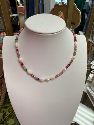 Pink Multi Beaded Necklace W/ Pearls