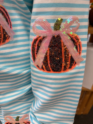 Glam Blue Stripe Pumpkin Oversized Mock Neck Sweatshirt Set