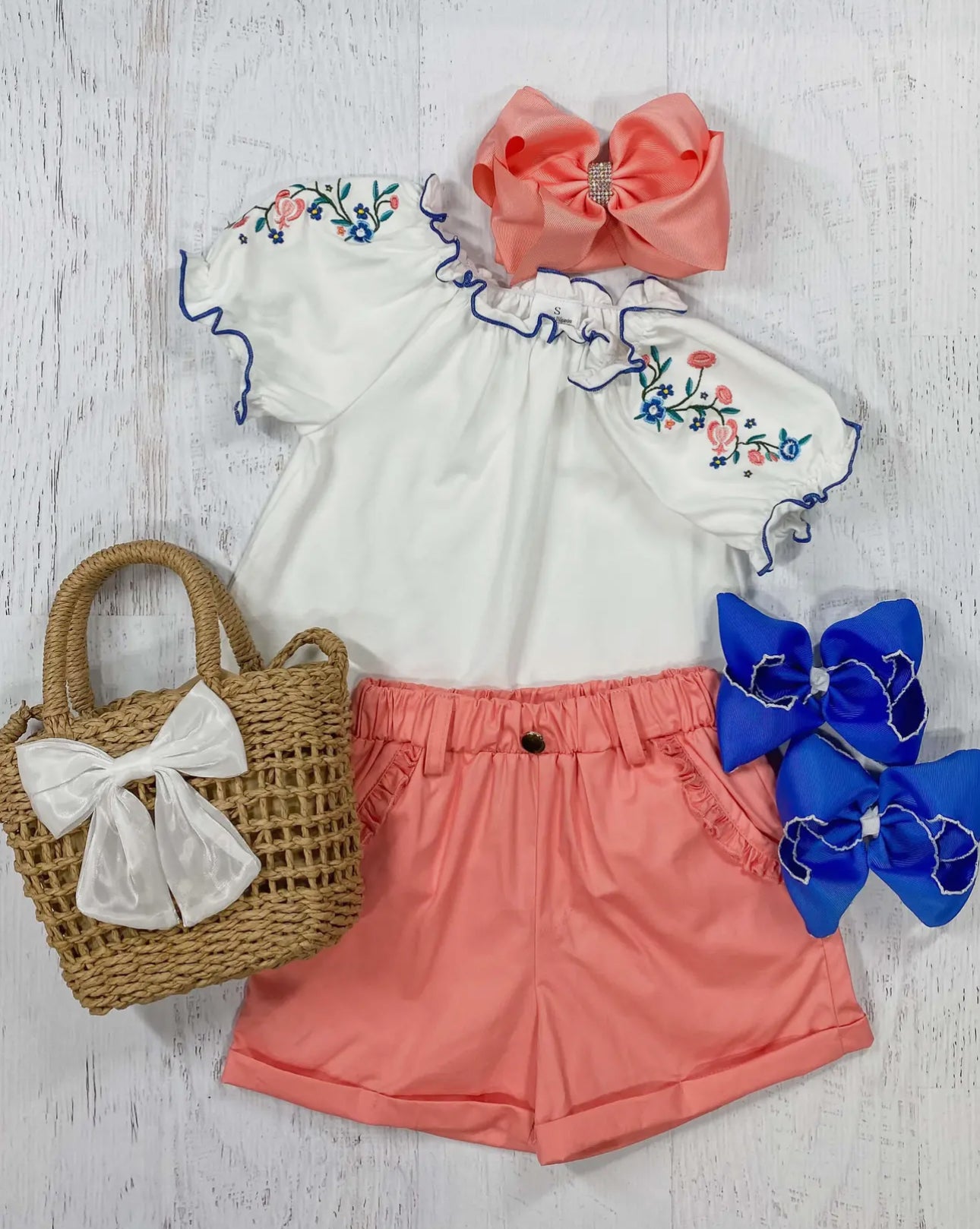 Navy & Coral Embroidered Top & Short Set