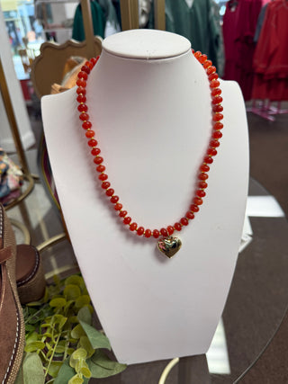 Burnt Orange Beaded Necklace W/ Gold Heart