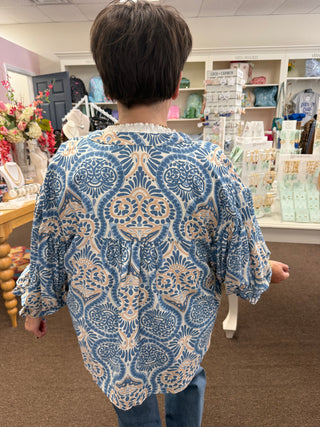 Blue Damask Print Balloon Sleeve Top