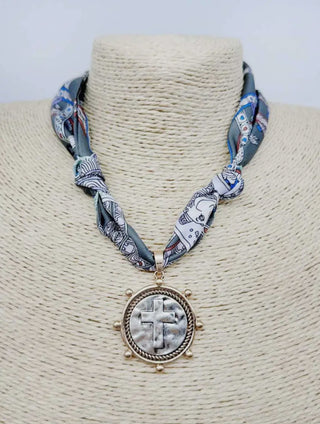 Grey & Navys Knotted Scarf Necklace w/ Cross Coin Charm