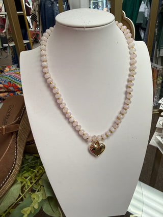 Cream Beaded Necklace W/ Gold Heart