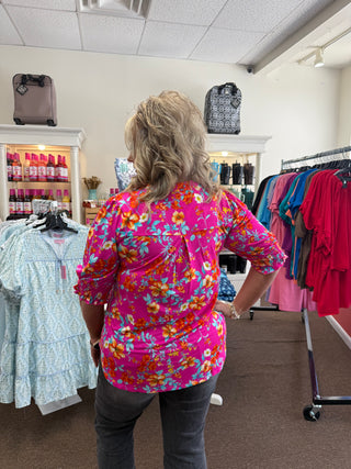 Dear Scarlett Smocked Hot Pink Floral Lizzy Top