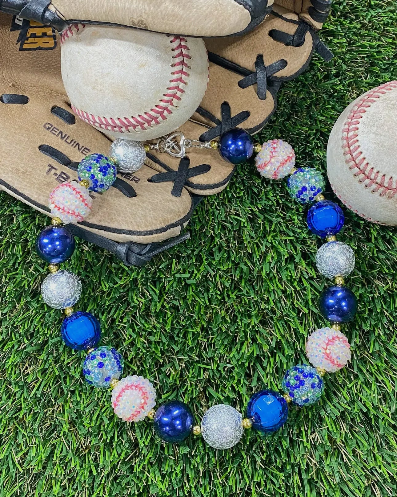 Blue Baseball Chunky Bead Necklace