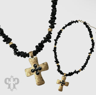 Austrian Crystal Cross Pendant On Chip Bead Necklace