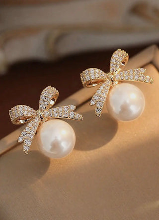 Rhinestone Bow Knot Pearl Earrings