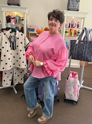 Pink Pinstripe Bubble Sleeve Top