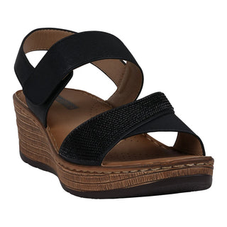 Lux Black Embellished Velcro Wedge Sandals