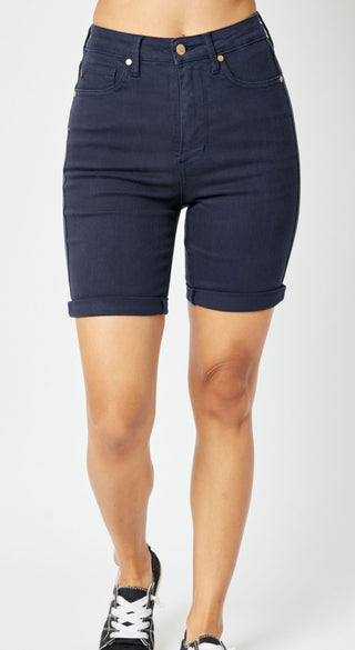 Judy Blue HW Navy Garment Dyed Tummy Control Bermuda Shorts -