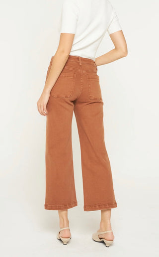 Mica Denim High Rise Cropped Wide Leg Patch Pocket Brown