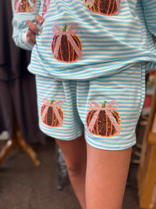 Glam Blue Stripe Pumpkin Oversized Mock Neck Sweatshirt Set