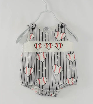 Navy Stripe Baseball Heart Smocked Baby Boy Romper