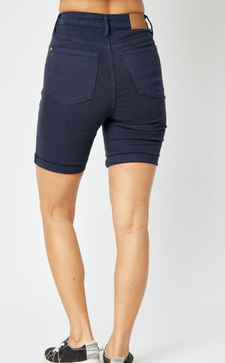 Judy Blue HW Navy Garment Dyed Tummy Control Bermuda Shorts -