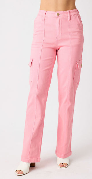 Judy Blue Pink HW Cargo Straight Jeans