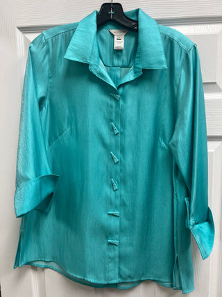 M14102BM Turn Up Cuff 3/4 Slv Button High Low Shirt Blue Aqua