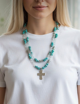 Double Turquoise Necklace With Silver Cross