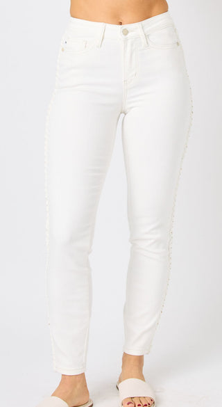 Judy BLue MR Braided Detail White Jeans